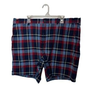 Lacoste Shorts Mens 42 Blue Red Plaid Cotton Linen Blend Chino Golf Crocodile